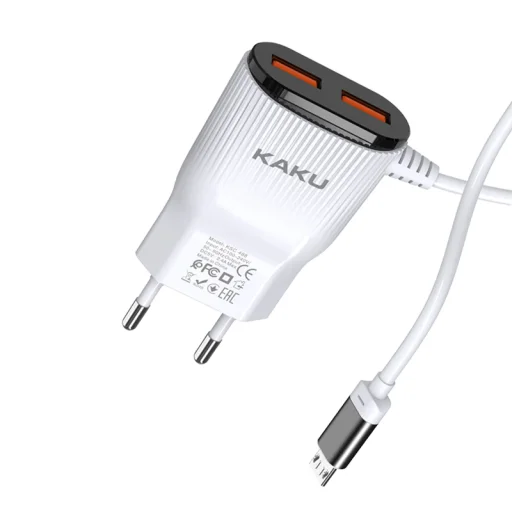 Kaku Hongtai Hálózati töltő adapter 2x USB - 2.4A integrált Micro USB kábellel fehér - 2