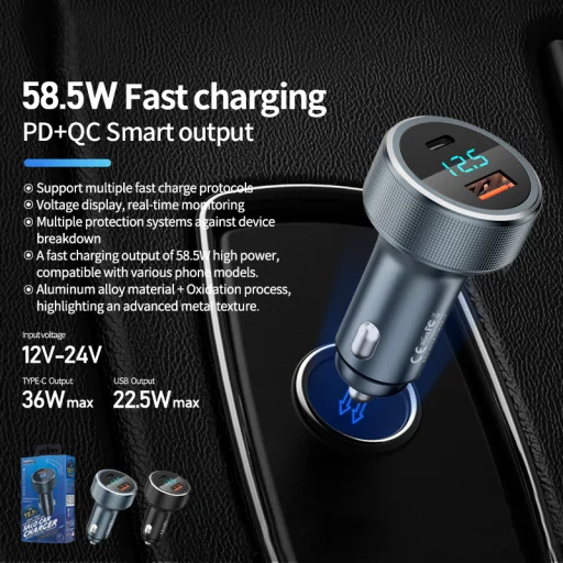 Remax Salo autós töltő RCC-215  USB + Type C PD QC 58W 4,5A fekete - 2