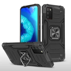 Samsung Galaxy A03s fokozott védelmet biztosító TPU tok kihajtható mágneses támasszal fekete Alphajack (PROTECTION-2)