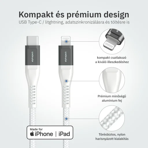 Lightning iPhone kábel 1.5m Type-C fejjel MFi Alphajack (CL15-WG) fehér/szürke - 3