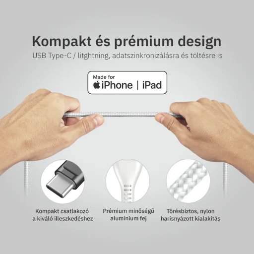 Lightning iPhone kábel 1.5m Type-C fejjel MFi Alphajack (CL15-WG) fehér/szürke - 6