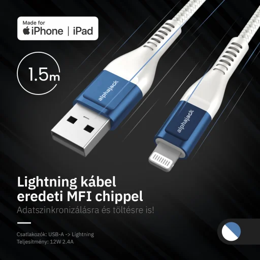 Lightning iPhone kábel 1.5m USB-A fejjel MFi Alphajack (AL15-BW) kék/fehér - 4