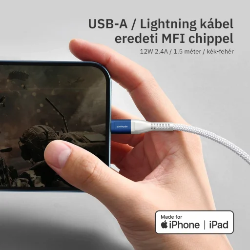 Lightning iPhone kábel 1.5m USB-A fejjel MFi Alphajack (AL15-BW) kék/fehér - 5