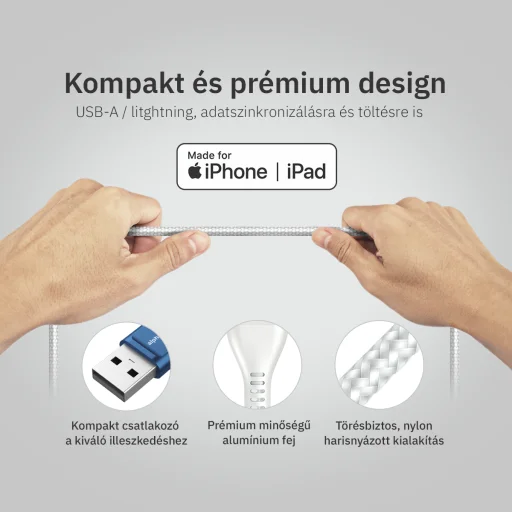 Lightning iPhone kábel 1.5m USB-A fejjel MFi Alphajack (AL15-BW) kék/fehér - 6