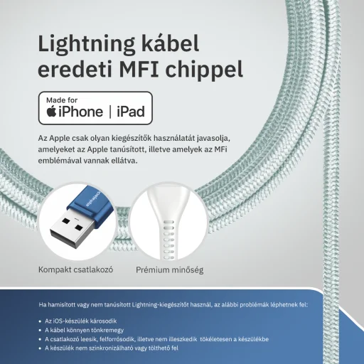 Lightning iPhone kábel 1.5m USB-A fejjel MFi Alphajack (AL15-BW) kék/fehér - 7