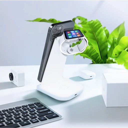 Vezeték nélküli 3in1 Qi gyorstöltő állvány LED 15W B-12 fehér - 6