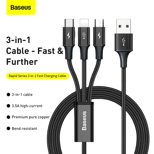 Baseus Rapid 3 az 1-ben USB - Micro USB, Lightning, USB Type-C kábel 3.5A 1.2 m fekete - 7
