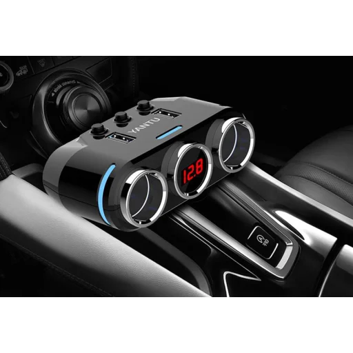 Szivargyújtós töltő elosztó 2xUSB + 2x Szivargyújtós aljzat 3.1A  kijelzővel - 7