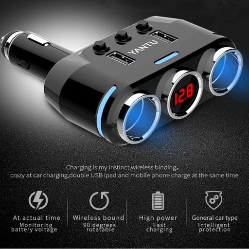 Szivargyújtós töltő elosztó 2xUSB + 2x Szivargyújtós aljzat 3.1A  kijelzővel - 2