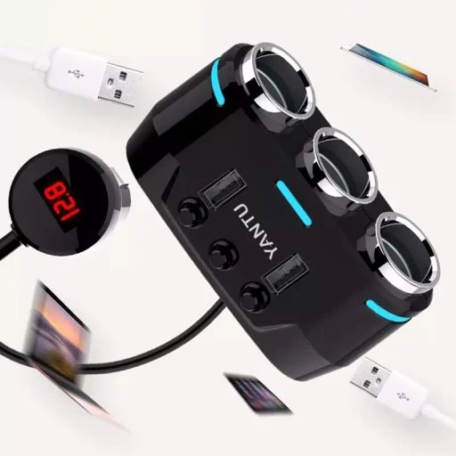 Szivargyújtós töltő elosztó 2xUSB + 3x Szivargyújtós aljzat 3.1A  kijelzővel és kábellel - 2