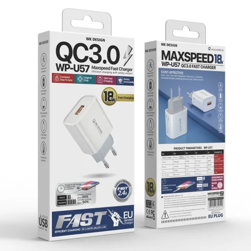 WK Design Hálózati gyorstöltő adapter USB 18W 2.4A QC 3.0 + USB - Micro USB kábel fehér (WP-U57) - 3