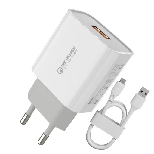 WK Design Hálózati gyorstöltő adapter USB 18W 2.4A QC 3.0 + USB - Micro USB kábel fehér (WP-U57) - 1