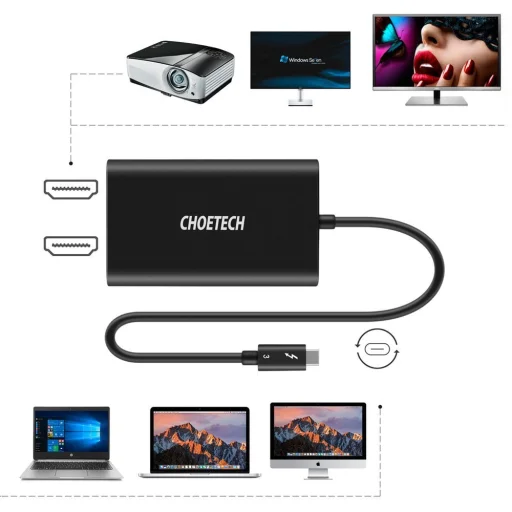 Choetech csatlakozóadapter USB Type C Thunderbolt 3 (40Gbps) 2x HDMI 2.0 4K 60Hz fekete (HUB-H07) - 5