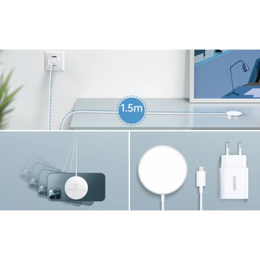 Choetech 15 W-os mágneses vezeték nélküli töltőkészlet Qi + 20 W-os tápfeszültség-töltő (MagSafe-kompatibilis) Fehér (T517-F) - 10