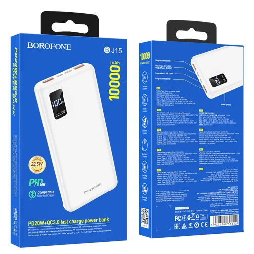 Borofone Wiseacre BJ15 Powerbank 10000mAh 2xUSB + Type C PD QC 3.0 22,5W fehér - 2