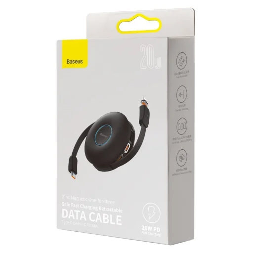 Baseus Zinc 3 az 1-ben mágneses visszahúzható kábel szett USB Type C - micro USB / USB Type C / Lightning 20W 1m fekete - 10