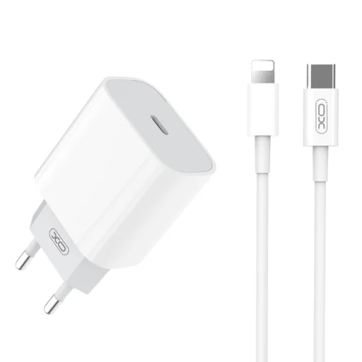 XO Hálózati gyorstöltő adapter L77 PD 20W 1x USB Type-C Fehér + Lightning - USB Type-C kábel - 1