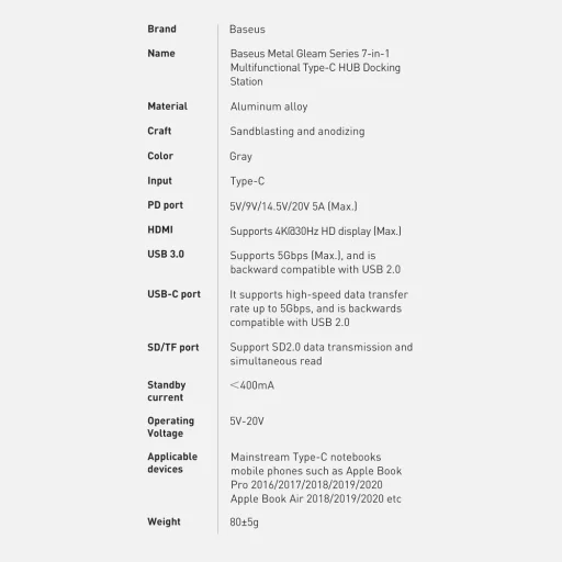 Baseus Metal Gleam 7 az 1-ben USB HUB Type C HDMI TF PD kártyaolvasó szürke - 10