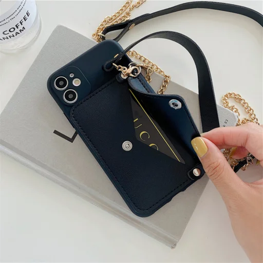 iPhone 13 TPU tok bőr pénztárcával és pánttal khaki színben Alphajack - 2