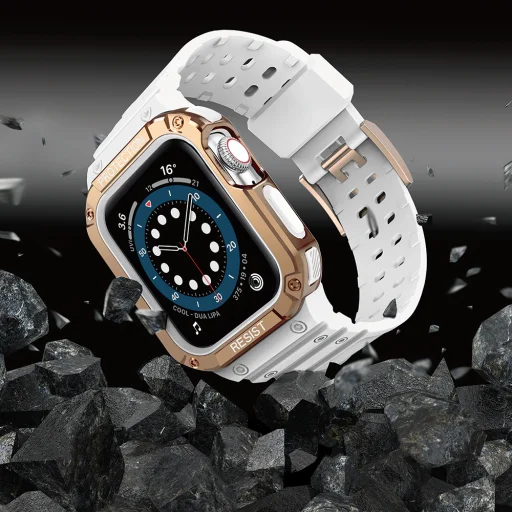 Apple Watch 8/7/6/5/4/3/2 / SE (41/40 / 38mm) Armored Óraszíj és Tok Fehér / Bronz - 3