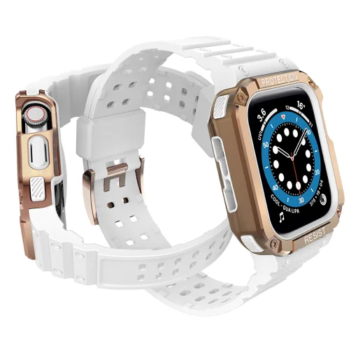 Apple Watch 8/7/6/5/4/3/2 / SE (41/40 / 38mm) Armored Óraszíj és Tok Fehér / Bronz - 5