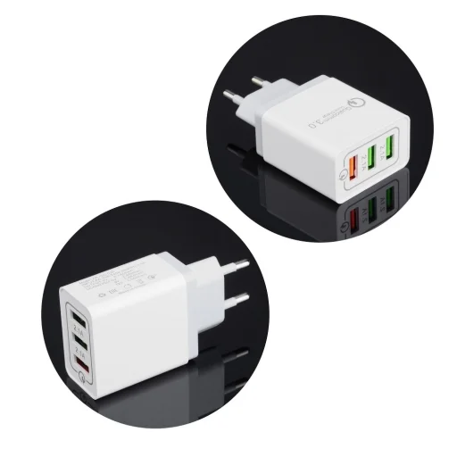 Hálózati QC töltő, fali adapter 3 USB aljzattal 5A QC3.0 fehér színben ( doboz nélkül ) - 2