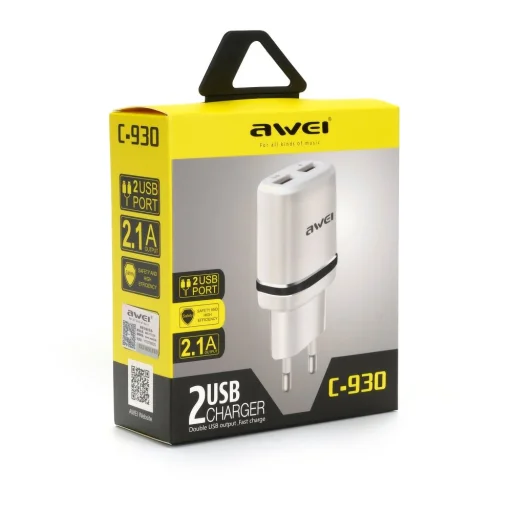 AWEI C930 hálózati, USB fali töltő adapter 2 USB aljzattal fehér színben - 1