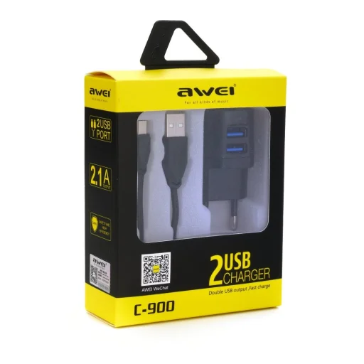 Awei C900 sieťový, USB nástenný nabíjací adaptér s 2 USB zásuvkami v čiernej farbe - 1