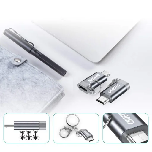Choetech 4 db USB Type C-Mikro USB adapter szürke, fém akasztóval - 3