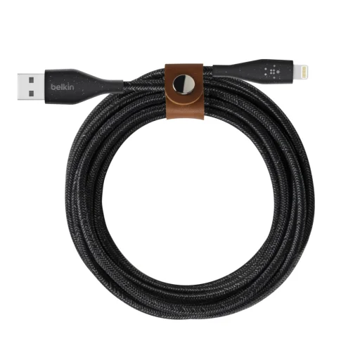 Belkin DuraTek Plus Lightning - USB-A kábel 3m, bőr kötegelővel, fekete (F8J236bt10-BLK) - 3
