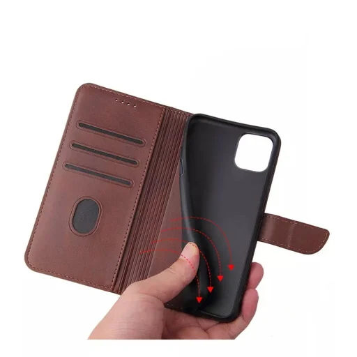 Samsung Galaxy A12 mágneses PU bőr fliptok kártyatartóval sötétbarna Alphajack - 3