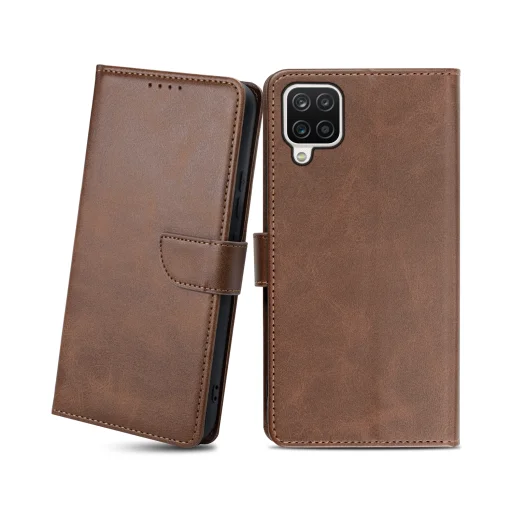 Samsung Galaxy A12 mágneses PU bőr fliptok kártyatartóval sötétbarna Alphajack - 1