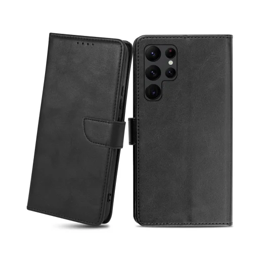 Samsung Galaxy S22 Ultra mágneses PU bőr fliptok kártyatartóval fekete Alphajack - 1