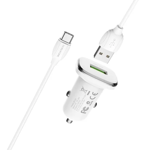 Borofone BZ12A Lasting Power USB  Autós töltő QC 3.0 18W 3A + USB - USB Type-C kábel fehér - 1