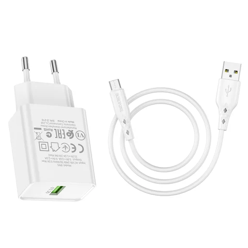 Borofone BN5 Sunlight USB Hálózati töltő QC 3.0 18W + USB - Micro USB kábellel fehér - 3