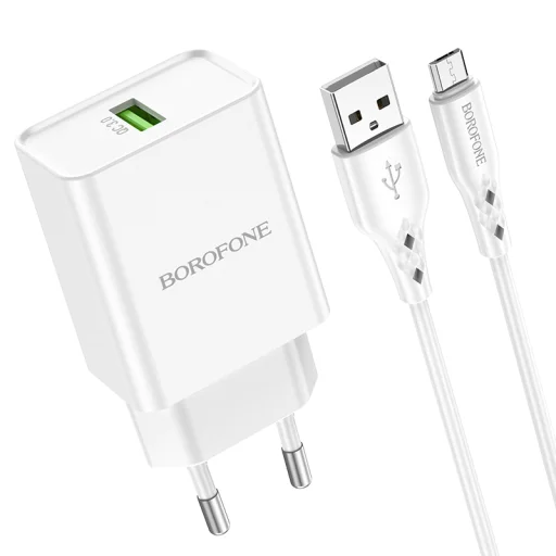 Borofone BN5 Sunlight USB Hálózati töltő QC 3.0 18W + USB - Micro USB kábellel fehér - 5
