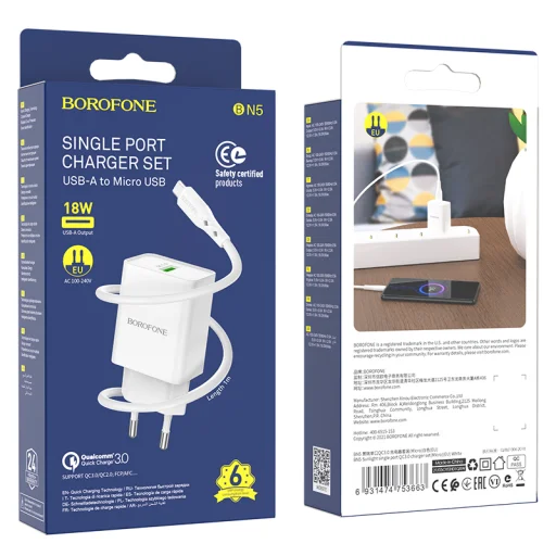 Borofone BN5 Sunlight USB Hálózati töltő QC 3.0 18W + USB - Micro USB kábellel fehér - 6