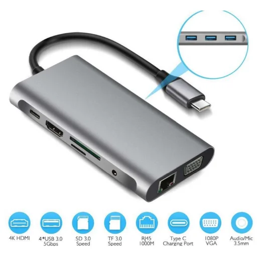 11in1 HUB TYPE-C elosztó 4K HDMI VGA SD TF RJ45(UTP) PD 4xUSB szürke színben - 4