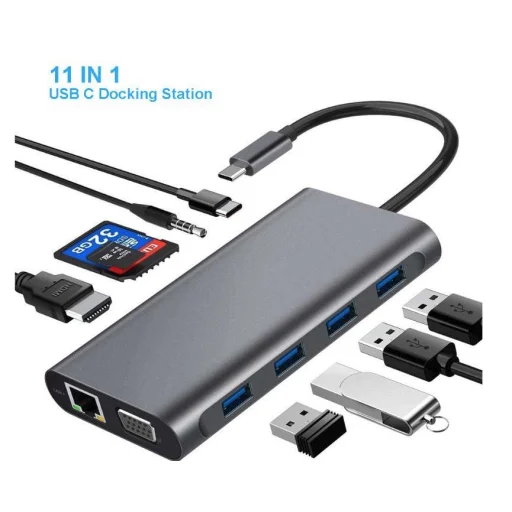 11in1 HUB TYPE-C elosztó 4K HDMI VGA SD TF RJ45(UTP) PD 4xUSB szürke színben - 8