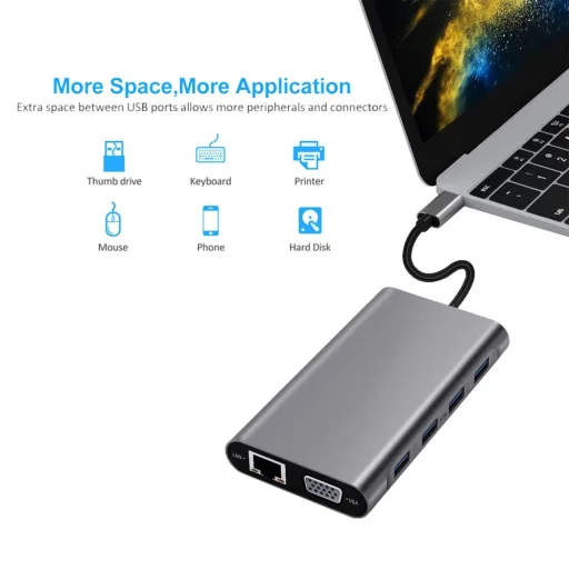 11in1 HUB TYPE-C elosztó 4K HDMI VGA SD TF RJ45(UTP) PD 4xUSB szürke színben - 9