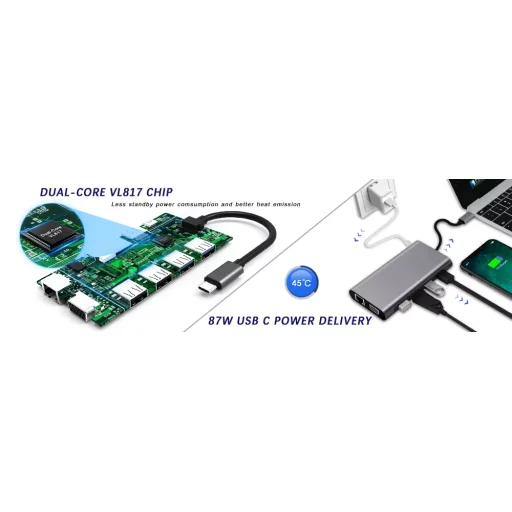 11in1 HUB TYPE-C elosztó 4K HDMI VGA SD TF RJ45(UTP) PD 4xUSB szürke színben - 10