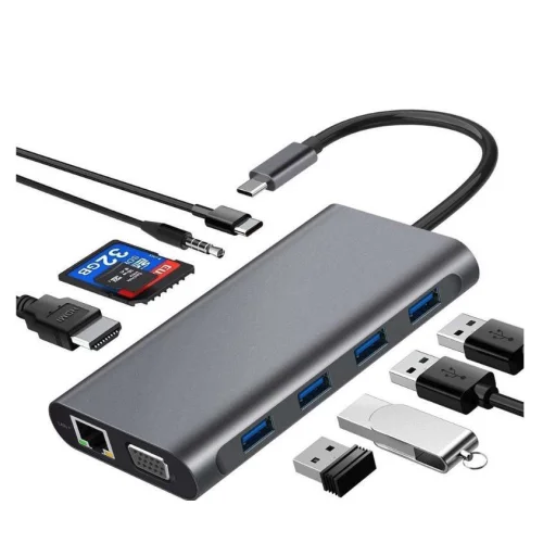 11in1 HUB TYPE-C elosztó 4K HDMI VGA SD TF RJ45(UTP) PD 4xUSB szürke színben - 1