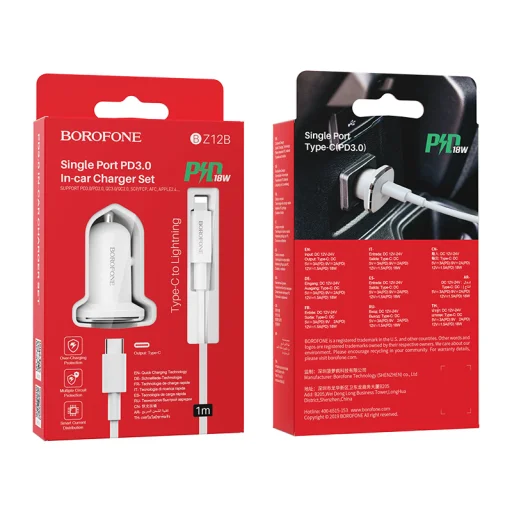 Borofone BZ12B Lasting Power USB Autós töltő QC 3.0 18W 3A + USB Type-C - Lightning kábel fehér - 8