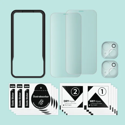 iPhone 14 Plus 2db üvegfólia + 2db kamera lencse védő, felhelyező kerettel 9H 2.5D HD 0.33mm Alphajack  - 5