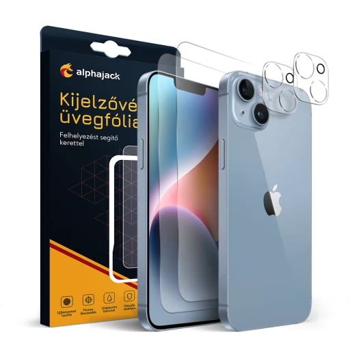 iPhone 14 Plus 2db üvegfólia + 2db kamera lencse védő, felhelyező kerettel 9H 2.5D HD 0.33mm Alphajack  - 1