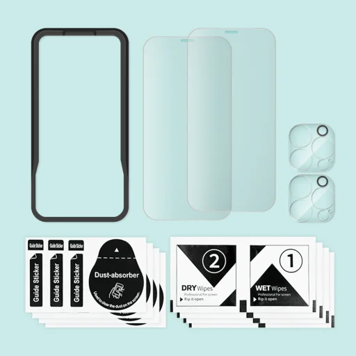 iPhone 14 Pro Max 2db üvegfólia + 2db kamera lencse védő, felhelyező kerettel 9H 2.5D HD 0.33mm Alphajack - 4