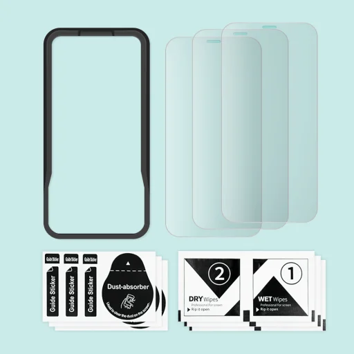 iPhone 14 Pro Max/15 Plus 3db kijelzővédő üvegfólia, felhelyezést segítő kerettel 9H 2.5D HD 0.33mm Alphajack  - 4