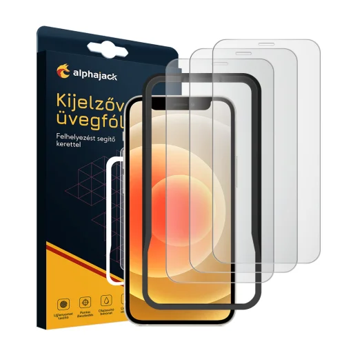 iPhone 14 Pro Max/15 Plus 3db kijelzővédő üvegfólia, felhelyezést segítő kerettel 9H 2.5D HD 0.33mm Alphajack  - 1
