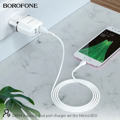 Borofone Aspiring DBN4 töltő adapter 2xUSB 2.4A + USB - micro USB töltő kábel fehér - 2