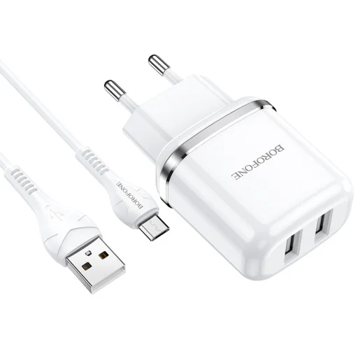 Borofone Aspiring DBN4 töltő adapter 2xUSB 2.4A + USB - micro USB töltő kábel fehér - 3